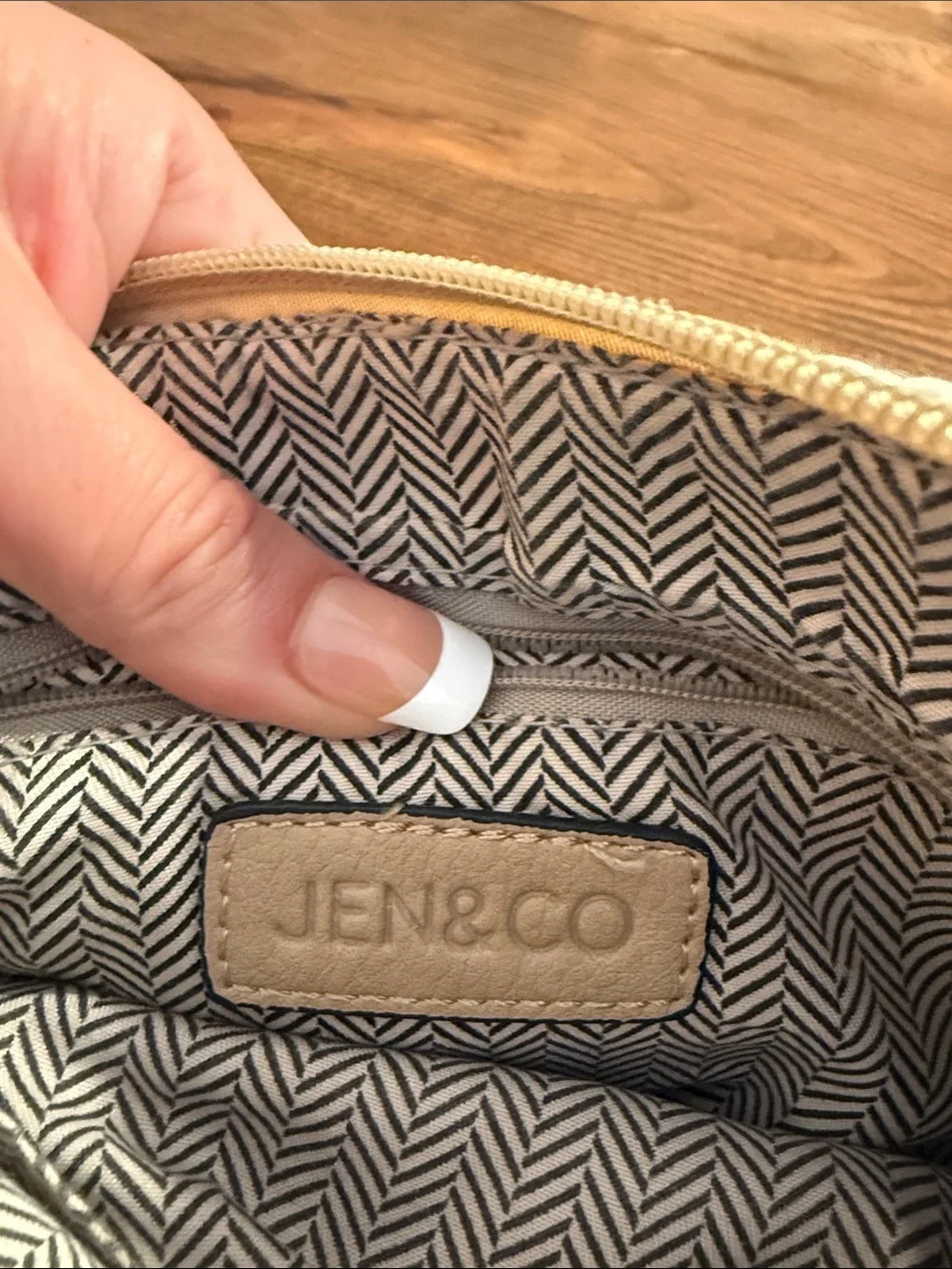 Beige Crossbody Bag with Woven Cream Accent and Tassel